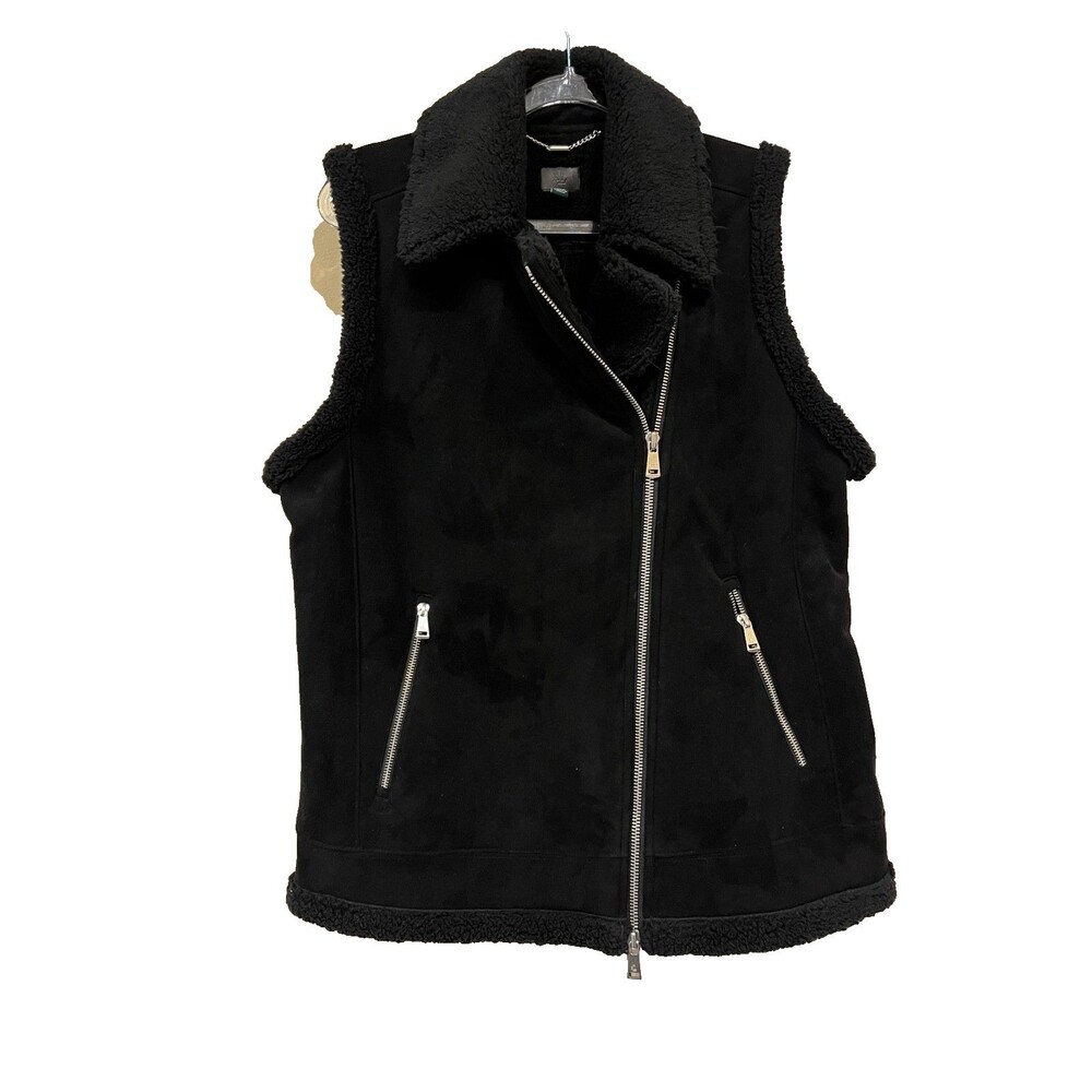 Ralph Lauren Faux Suede Vest With Fur Lining Exposed Zippers Size Large Black